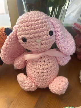 Handmade Pink Crochet Bunny stuffed animal with Satin bow!